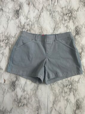 Spanx women’s large Stretch Twill pull on shorts front & back pockets blue gray